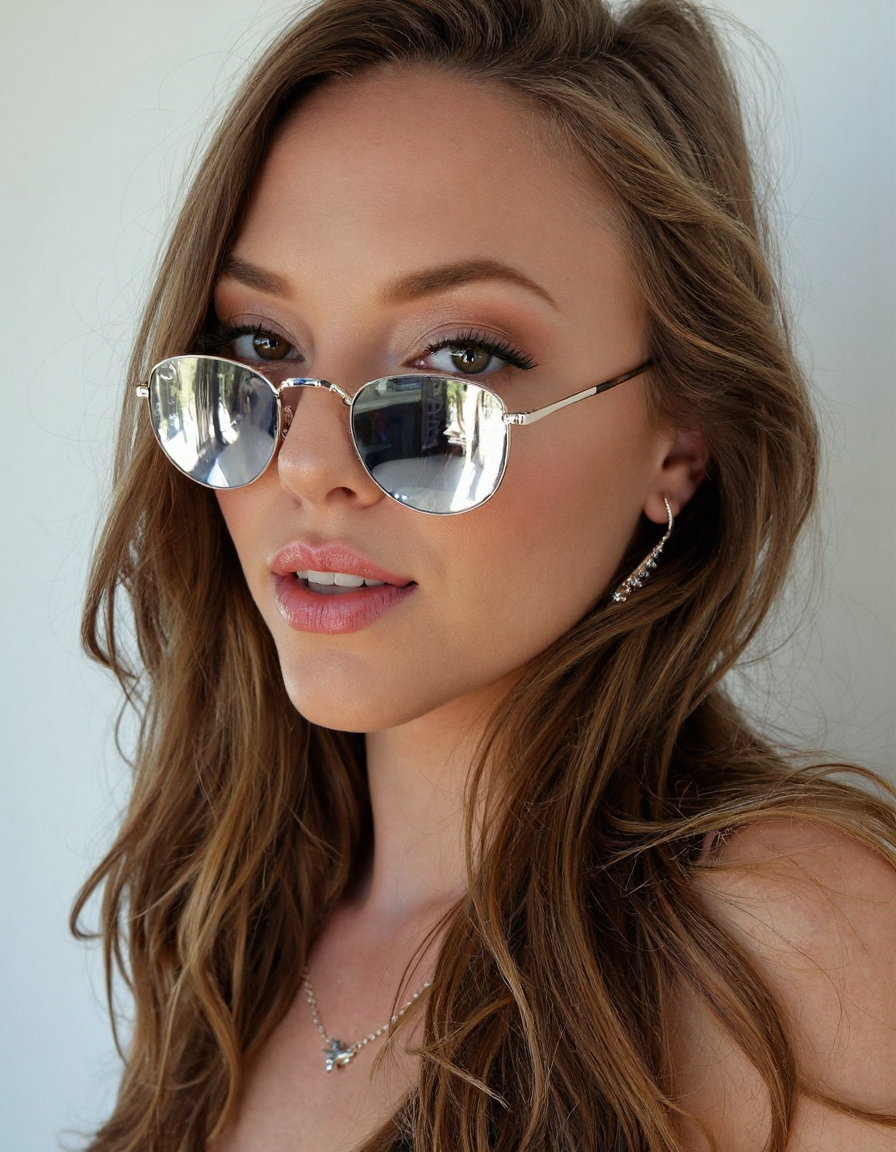 The reflective surfaces of her earrings and outfit create a dynamic interplay with the environment, emphasizing her sleek presence. The minimalist background allows the viewer to focus on her eye-catching fashion and makeup. Captured with a Sony A7R IV camera and a 50mm f/1.2 G Master lens for a beauty editorial shoot, this composition highlights her fashion-forward aesthetic. Inspired by avant-garde fashion photography from Sølve Sundsbø, this image blends contemporary fashion and minimalist elegance, embodying mythp0rt and niji_flux styles for a sleek, high-fashion vision. ((portrait))
