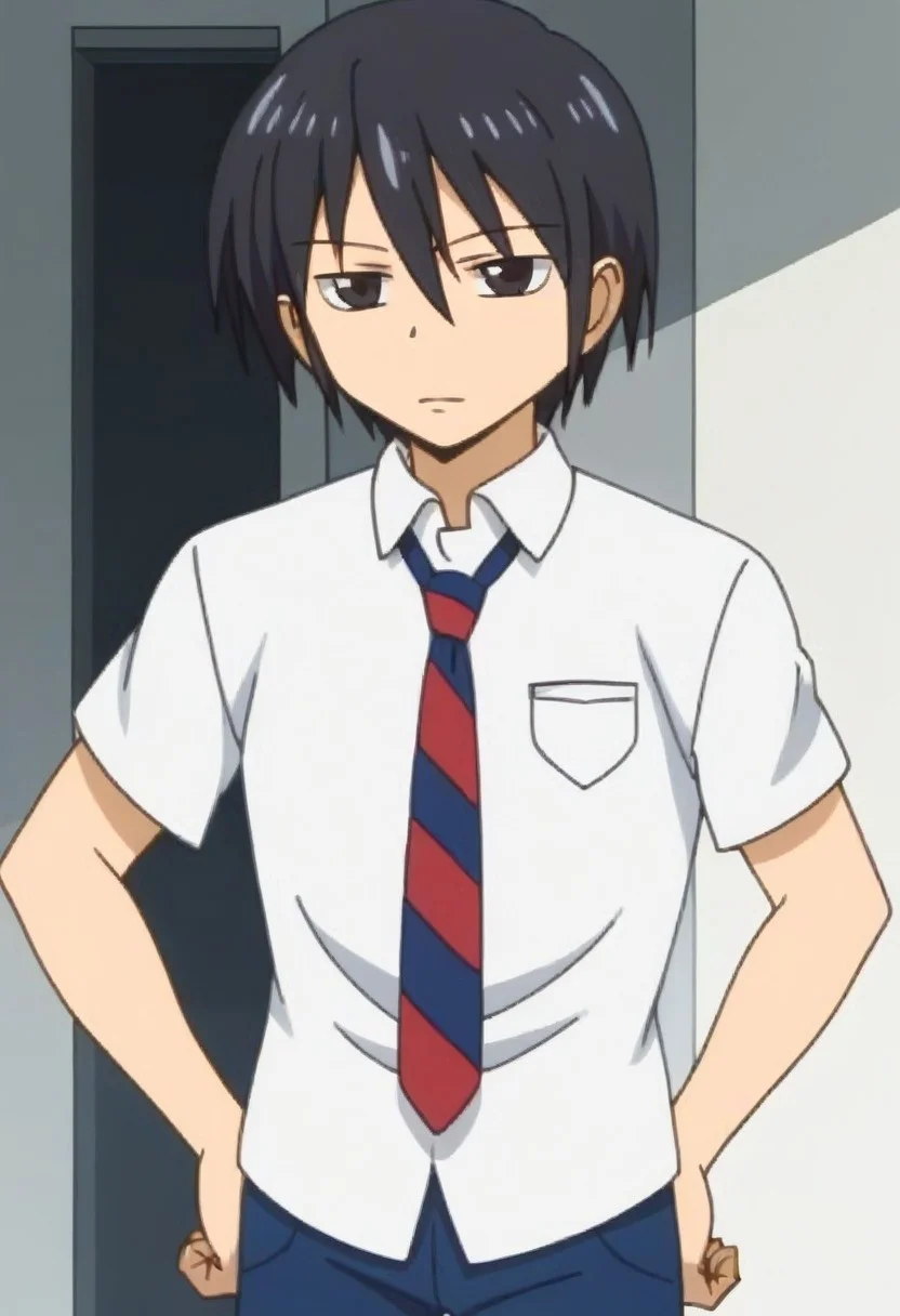 ((masterpiece)), ((best quality)), ((ultra-detailed)), ((absurdres)), score_9_up, score_8_up, score_7_up,
HD, top quality, best quality, amazing quality, High-quality illustrations, anime screencap, source_anime, best aesthetic, perfect proportions, perfect eyes, 1boy, 1male, solo boy, solo male, male focus, solo male focus, Anime, boy, male anime character, anime boy, handsome, attractive, cute, charming, sexy, hot, ((tall, tall body, tall height)), ((slim body, slender body, thin body)), Tadakuni, black hair, black eyes, white shirt, short sleeves, necktie, blue pants, easynegative, updn, Expressiveh, neghands,  cowboy shot, head to hips shot