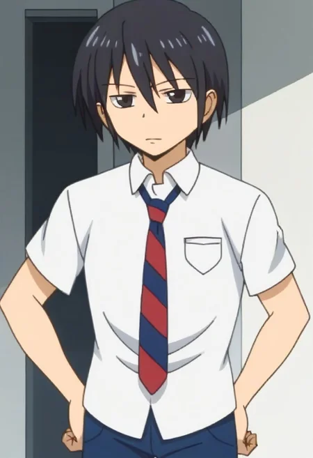 ((masterpiece)), ((best quality)), ((ultra-detailed)), ((absurdres)), score_9_up, score_8_up, score_7_up,
HD, top quality, best quality, amazing quality, High-quality illustrations, anime screencap, source_anime, best aesthetic, perfect proportions, perfect eyes, 1boy, 1male, solo boy, solo male, male focus, solo male focus, Anime, boy, male anime character, anime boy, handsome, attractive, cute, charming, sexy, hot, ((tall, tall body, tall height)), ((slim body, slender body, thin body)), Tadakuni, black hair, black eyes, white shirt, short sleeves, necktie, blue pants, easynegative, updn, Expressiveh, neghands,  cowboy shot, head to hips shot