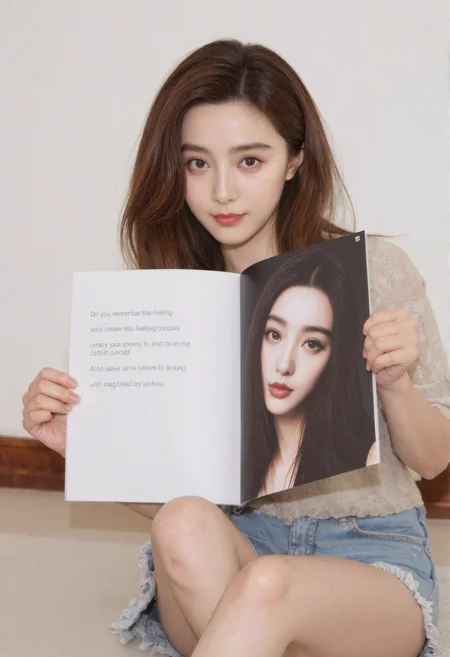 A woman fbb with light brown hair and brown eyes is sitting on the floor, facing forward and looking directly at the viewer. Her hair is wavy and falls around her shoulders. She has light makeup on, including eyeshadow and lip color. She is wearing a light-colored top and denim shorts with frayed edges. She is holding a magazine open in front of her. The left page of the magazine has text that reads "Do you remember this feeling when time seems to stop certain places? And at the same time every starts to aroun". The right page of the magazine features a photograph of another woman with dark hair and brown eyes, looking slightly to the right. The background is a plain white wall with a wooden baseboard along the bottom. The lighting in the image is soft and natural.