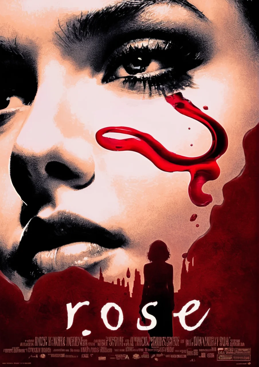 cinexart (title: "ROSE") a rose flowing with red liquid, a woman in the background movie poster <lora:cinexart:1>