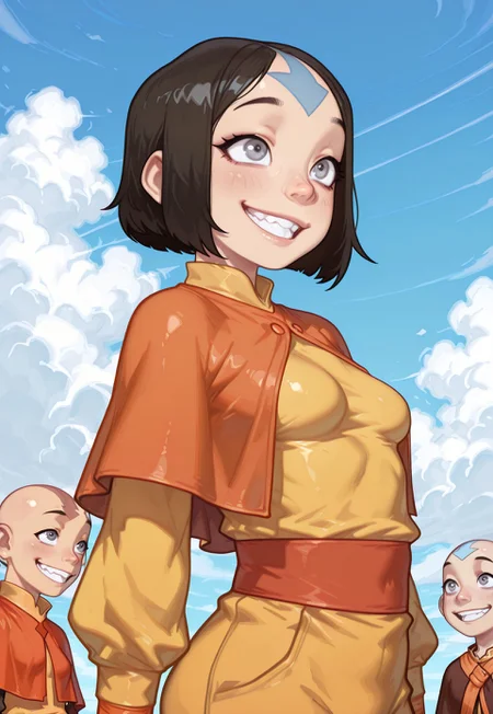 4k, fine detail, high quality eyes, masterpiece, best quality, amazing quality, geh1, 4s0r4, eigaka, possmach, artist:moriimee, 1 girl, solo girl, small breasts, Aang, Grey Eyes, Bald, Blue Facial Marking, Blue Arrow (Symbol) Tattoo On Forehead, black hair, short hair, Air Nomad Outfit, Yellow Shirt, Long Sleeves, Orange Capelet, Orange Sash Belt, Yellow Pants, grin, wide grin, upper body, sky, cloud,
