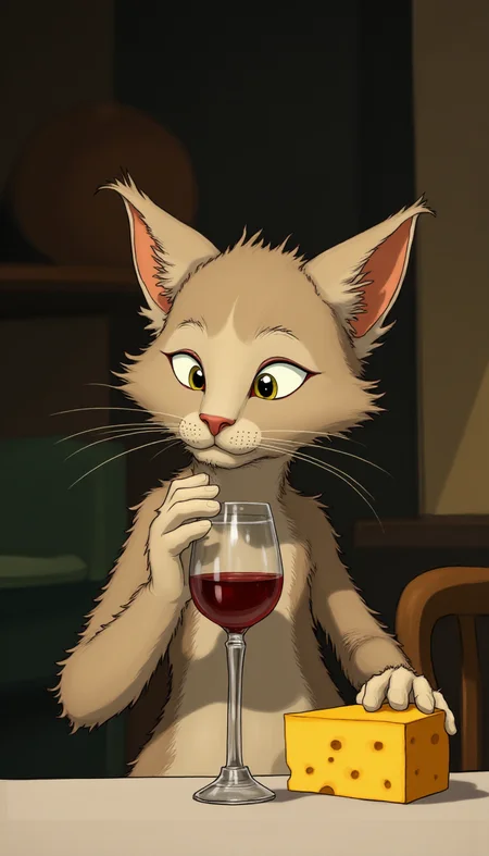 a elegant cat drinking a glass of wine, with cheese on the table, by Quentin Blake