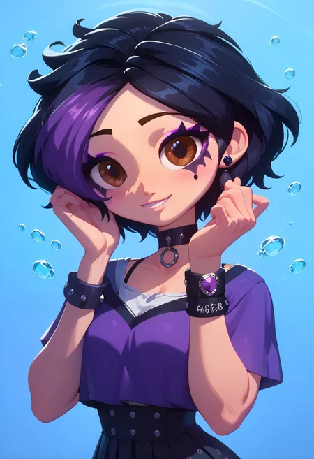score_9, score_8_up, score_7_up, 1 girls, Kira, mangamaster artstyle , looking at viewer, detailed eyes, chocker, hot woman, petite body, brown eyes, two-tone purple and black hair, bracelets, thin eyebrows, cute face makeup, cute pose,