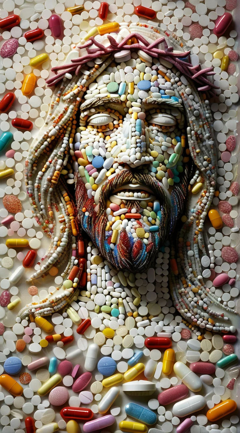 pills, jesus made of pills, enigmatic, surreal dreamscape <lora:pills:1>