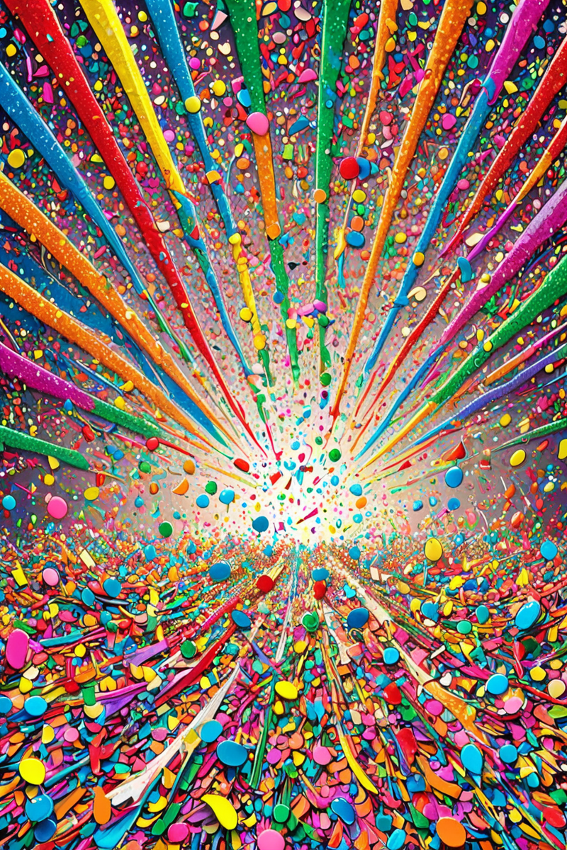 conf3tti, Splatter, chaos, abstract, vibrant colors, made of confetti <lora:Confetti_World_Morph:1>
