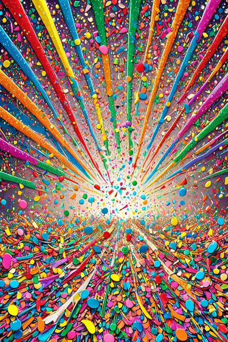 conf3tti, Splatter, chaos, abstract, vibrant colors, made of confetti <lora:Confetti_World_Morph:1>