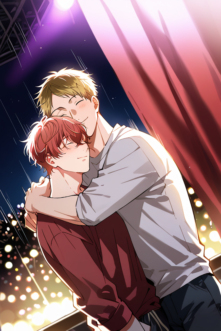 score_9, score_8_up, score_7_up, source_anime, rating_questionable, realistic shading, dimlighting, gay couple focus, looking at another, expressive cute faces, hiiragigiven, brown-blonde_hiiragi_2ndmale hair, closed eyes, blushing, smiling, shiny skin, hugging another, shirt, 1stboy, mafuyugiven, brownish red_mafuyu_1stmale hair, closed eyes, closed mouth, hug, 2ndboy, yaoi, medium shot, night outdoors concert, spotlight, on stage, red curtain, dark environment, romantic, scenery, dutch angle, dynamic angle, intricately detailed illustration, depth of field, anime screencap, BREAK, motion lines, motion blur, speed lines