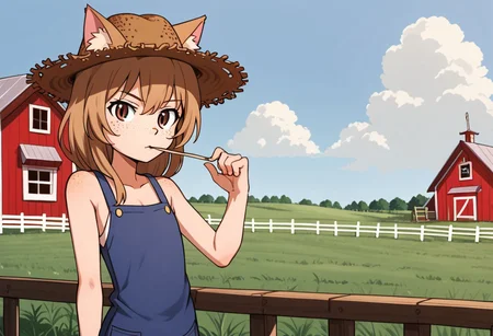 Aisaka_Taiga, 1girl, solo, flat chest, brown_eyes, catgirl, female, farm, field, farmer, wooden house, working, work clothes, freckles, straw in mouth, straw hat, cowboy