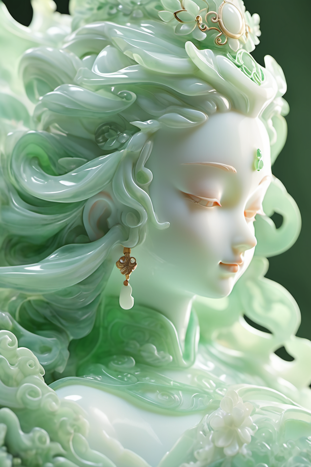 jade Sculptureï¼jade, realisticï¼1 girl, hair ornament, close up shot,  pure white skin, cinematic light, <lora:jade:0.9>