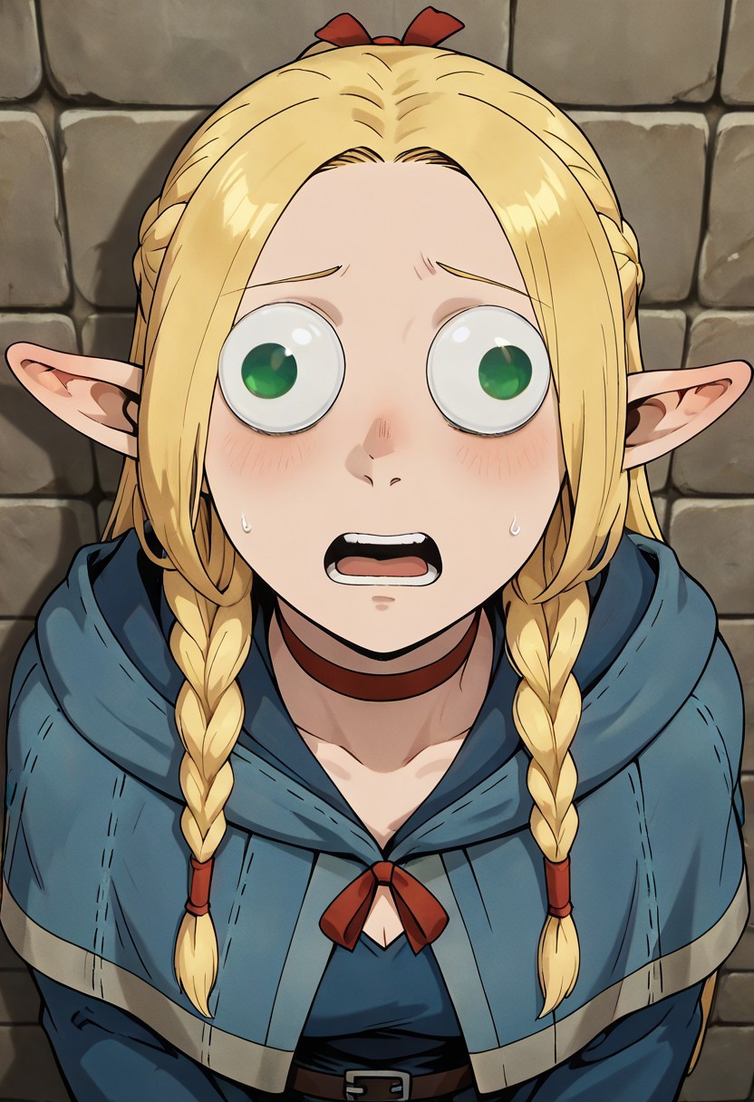 masterpiece, best quality, newest, absurdres, highres, anime, anime style, wall-eyed, GUGIL-V1.0, googly eyes, 1girl, marcille_donato \(dungeon_meshi\), elf, pointy ears, green eyes, blonde, robe, blue robe, choker, MarcilleWalleyed, Derpface, open mouth, Wall eyed,