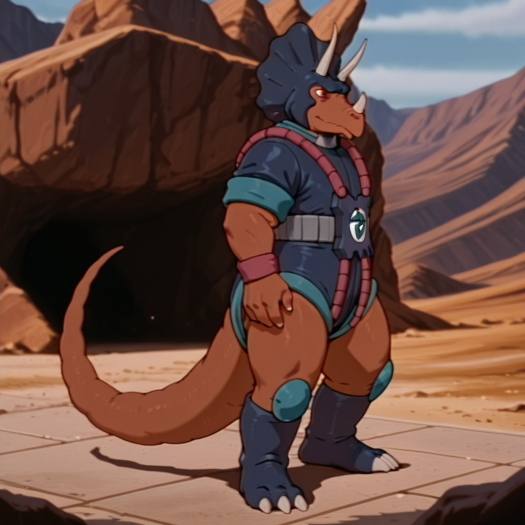 masterpiece, best quality, amazing quality, TriceroDsil, anthro, male, Triceratops, brown skin, horns, brown eyes, dark blue helmet, dark blue bodysuit, teal trim, rolled sleeves, red wristbands, teal kneepads, dark blue boots, claws, outside, standing, solo, 1boy, full body, <lora:e0a796df-7f4d-4d4d-8226-d955201efb57:1.0>