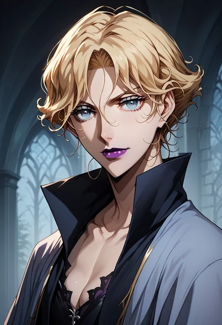 source_anime, (C4STL3V4NI4), ((score_9)),score_8_up,score_7_up,score_6_up,score_5_up,score_4_up,<lora:Castlevania_Style_Pony-v1:0.7>, Castlevania_Style, Castlevania Style, 1woman, brita_(darker_than_black), long_hair, blonde_hair, blue eyes, purple_lips, vampire,