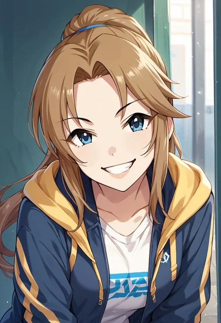 score_9, score_8_up, score_7_up, source_anime, matsumoto sarina, long hair, brown hair, blue eyes, 1girl, solo, smile, looking at viewer, jacket, ponytail, shirt, hood, grin