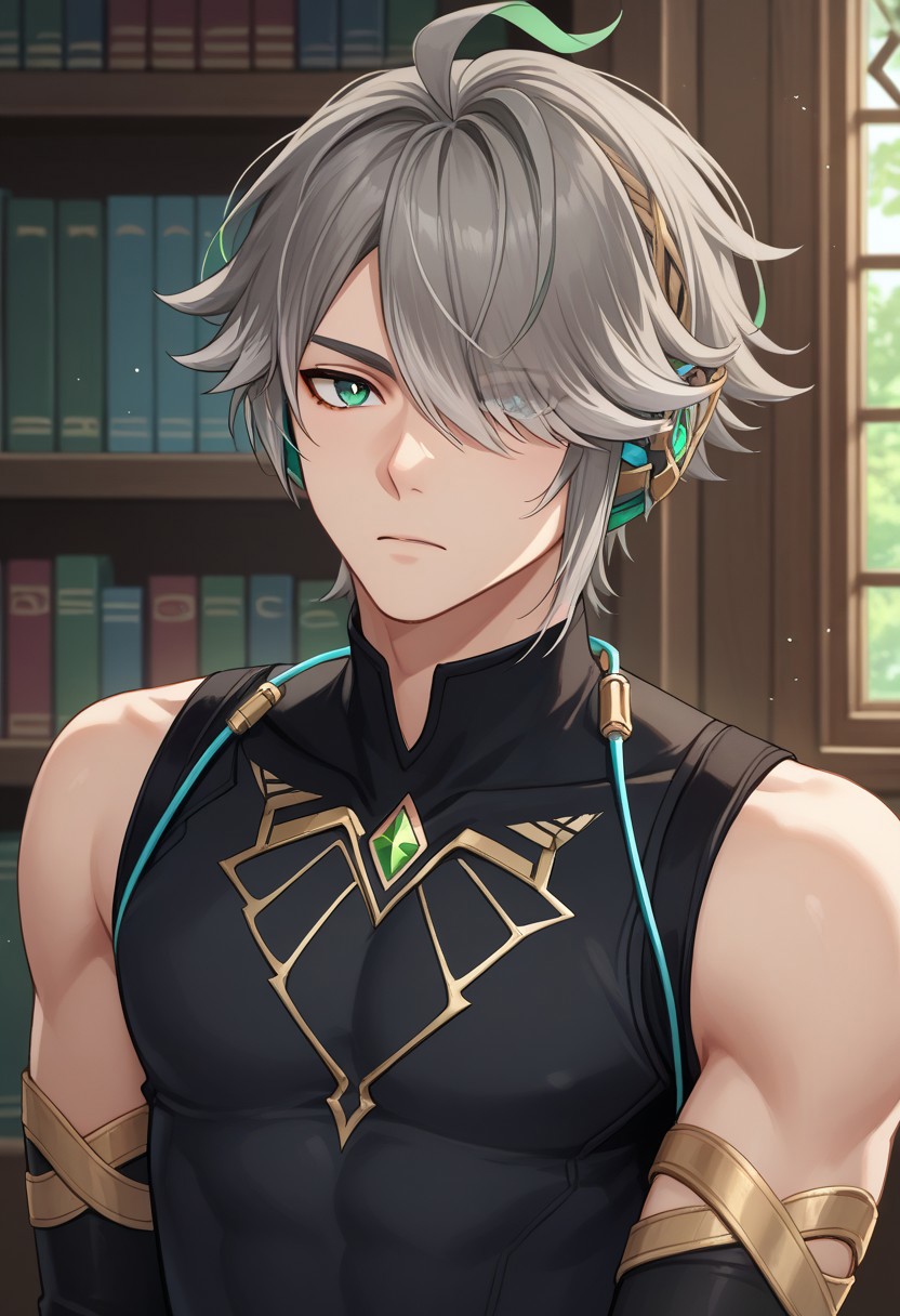 score_9, score_7_up, source_anime
Alhaitham, 1boy, male focus, solo, green eyes, grey hair, streaked hair, short hair, ahoge, swept bangs, hair over one eye, headphones, shirt, black shirt, sleeveless shirt, compression shirt, jewelry, chest jewel, gem, green gemstone, gold trim, elbow gloves, black gloves, partially fingerless gloves,
indoor, library