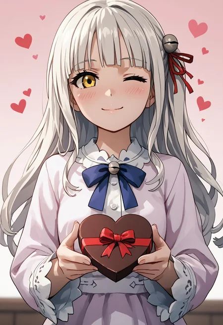 score_4,score_5,score_6,score_7_up,score_8_up,score_9 ((masterpiece,best quality,ultra detailed,highres,HD,4k:1.2)),
1girl, solo,solo focus,girl focus,face focus,
Mytyl(V1),yellow eyes,long hair,white hair, blunt bangs, side locks,bell hair ornament, hair ribbon, red hair ribbon,
pov,from the front, front view, front angle,
Happy Valentine's Day, Valentine's chocolate, holding wrapped chocolate,
heart background,
blush,((wink:1.1)), smile, happy, shy,closed mouth,