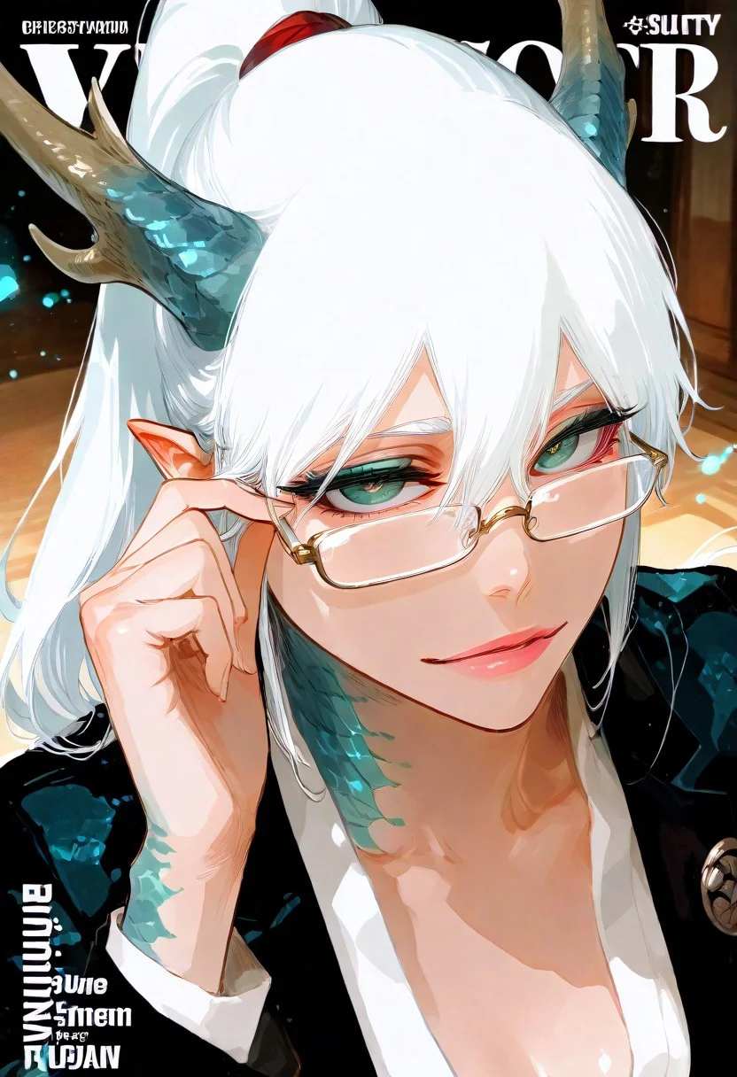 ambient occlusion, intricate background, low lighting, rim light, ethereal glow, ethereal particles, dappled light, (beautiful face),
BREAK
masterpiece, highly detailed,1girl, beautiful eyes, big eyes, detailed eyes, detailed pupils, perfect body,
(sexy, slutty, hot)
BREAK
flirting:2.0,
ryu, pointy ears, teal scales, green eyes, light skin, eastern dragon horns, white hair, high ponytail, makeup, looking at viewer, sly expression, fake magazine cover, rectangular glasses, white office shirt, blazer jacket, looking over eyewear, close-up, adjusting eyewear, cinematic lighting, rembrandt lighting, dynamic angle, <lora:add-detail-xl:-2>