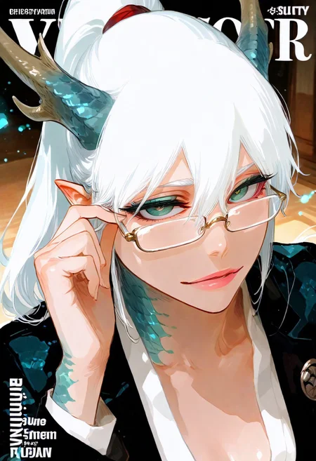 ambient occlusion, intricate background, low lighting, rim light, ethereal glow, ethereal particles, dappled light, (beautiful face),
BREAK
masterpiece, highly detailed,1girl, beautiful eyes, big eyes, detailed eyes, detailed pupils, perfect body,
(sexy, slutty, hot)
BREAK
flirting:2.0,
ryu, pointy ears, teal scales, green eyes, light skin, eastern dragon horns, white hair, high ponytail, makeup, looking at viewer, sly expression, fake magazine cover, rectangular glasses, white office shirt, blazer jacket, looking over eyewear, close-up, adjusting eyewear, cinematic lighting, rembrandt lighting, dynamic angle, <lora:add-detail-xl:-2>
