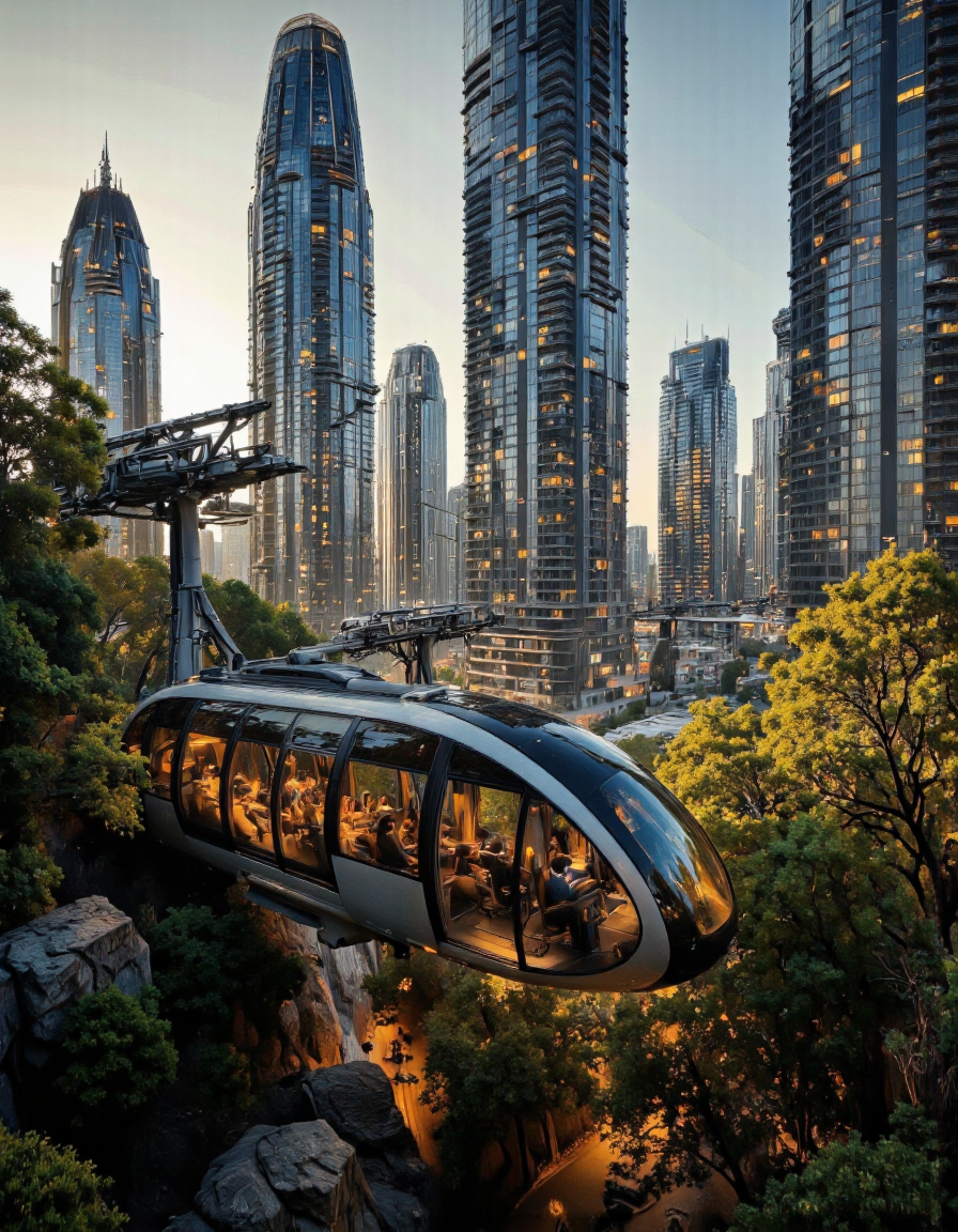 Futura. A futuristic cityscape with tall skyscrapers lit up at night, surrounded by dense greenery. a futuristic cable car is seen in the foreground, with passengers inside, and it is positioned in the middle of the image. the cable car has a sleek, metallic design with a black exterior, and the interior is filled with people. the cityscape is bathed in a soft, warm light from the setting sun, casting a golden glow on the surrounding greenery, creating a sense of depth and atmosphere. the high-rise buildings in the background are silhouetted against the night sky, with the city lights reflecting off the glass windows of the buildings, adding to the futuristic feel of the scene. the trees and plants surrounding the city are lush and vibrant, with a mix of green and yellow hues, adding a touch of vibrancy to the otherwise monochromatic scene. <lora:Futura-000005:1> <lora:Futura:0.85> <lora:Synesthesia:0.35> <lora:Fluxartis_Photography:0.55> <lora:Another_Earth:0.55>