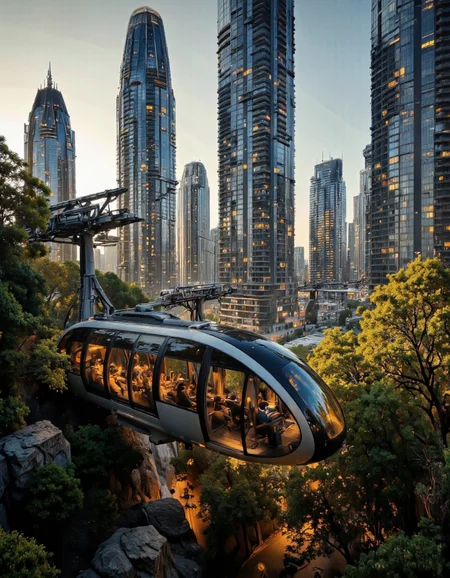 Futura. A futuristic cityscape with tall skyscrapers lit up at night, surrounded by dense greenery. a futuristic cable car is seen in the foreground, with passengers inside, and it is positioned in the middle of the image. the cable car has a sleek, metallic design with a black exterior, and the interior is filled with people. the cityscape is bathed in a soft, warm light from the setting sun, casting a golden glow on the surrounding greenery, creating a sense of depth and atmosphere. the high-rise buildings in the background are silhouetted against the night sky, with the city lights reflecting off the glass windows of the buildings, adding to the futuristic feel of the scene. the trees and plants surrounding the city are lush and vibrant, with a mix of green and yellow hues, adding a touch of vibrancy to the otherwise monochromatic scene. <lora:Futura-000005:1> <lora:Futura:0.85> <lora:Synesthesia:0.35> <lora:Fluxartis_Photography:0.55> <lora:Another_Earth:0.55>
