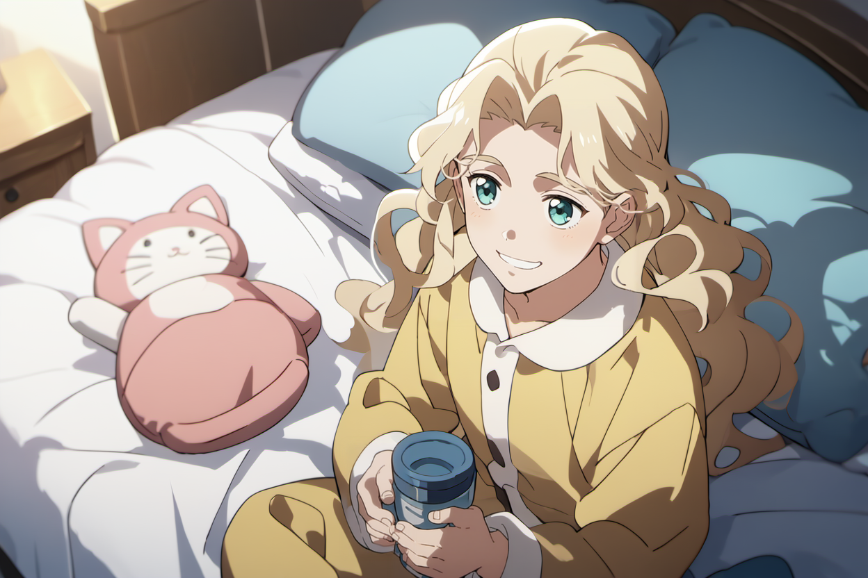 score_9, score_8_up, score_7_up, masterpiece, best quality, 1boy, solo, young boy,    <lora:YeLimingPony:1>, solo, aqua eyes, blonde hair, long hair, kigurumi, cat-pajama, bed, sitting, Stuffed Toys, pillow in hands, smile, from above,   <lora:Anime_Screencap:0.8> anime screencap