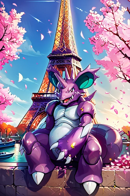 score_9, score_8_up, score_8, ,,, , ,,, zzNidoking, no humans, pokemon (creature), single horn, claws, <lora:NidokingPokedex_PDXL:1.0>, ,,, , BREAK, zzEiffelTower in background, sitting, watercraft, boat, sitting on wall, side view, looking at viewer, smile, ,,, BREAK, blooming stars, luminescent petals, otherworldly fragrance blurry background, ,,, embedding:zPDXL, Expressiveh, ,,, <lora:EiffelTowerPDXL:1.0>, <lora:CatalystStylePDXL:0.6>, <lora:SDXLFaeTastic2400:0.5>, <lora:Expressive_H-000001:0.4>,