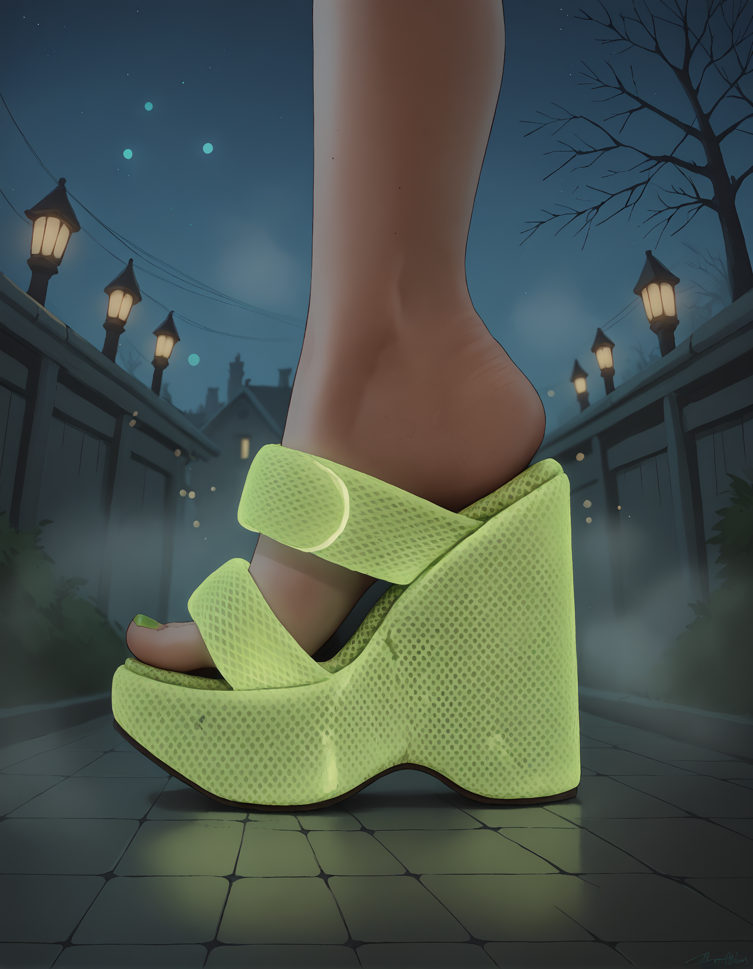 score_9, score_8_up, score_7_up, score_6_up, source_anime,
foot focus, (from above:0.9),
standing,
(glowing neon footwear:1.1),
1girl, 
ï»¿(ï»¿m3sh heels), (platform footwear:1.15),
halloween scene, fog, night,
green toenail polish,
embedding:zPDXLrl ,
embedding:zPDXL2 ,