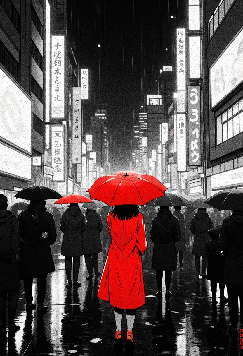 monochrome anime image with spot colour, busy Tokyo street in the rain, a woman with a red coat and an umbrella stands among of a bustling crowd of other people wearing dark clothing, holding umbrellas, night, raining, neon signs and advertising screens, bokeh