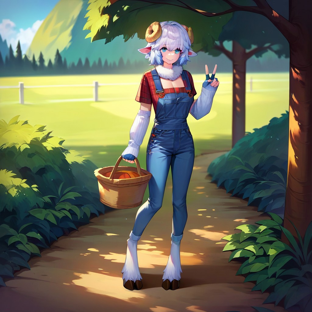 score_9, score_8_up, score_7_up, score_6_up, rating_safe, 1girl, ninmerino, full body, standing, smile, v-sign, denim overalls, shortsleeve plaid shirt, long fingerless gloves, outdoors, holding ranch tool