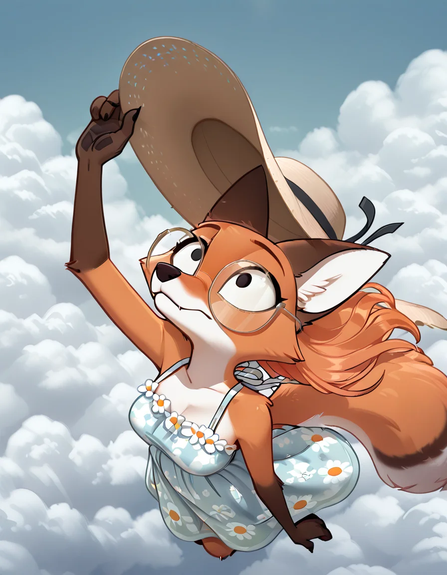 solo, 1girl, otserey, fox girl, red fur, white fur, two-tone fur, glasses, long orange hair, looking up, holding sunhat, midair, floral sundress, sky, clouds, outstretch paw, arm up, from above,