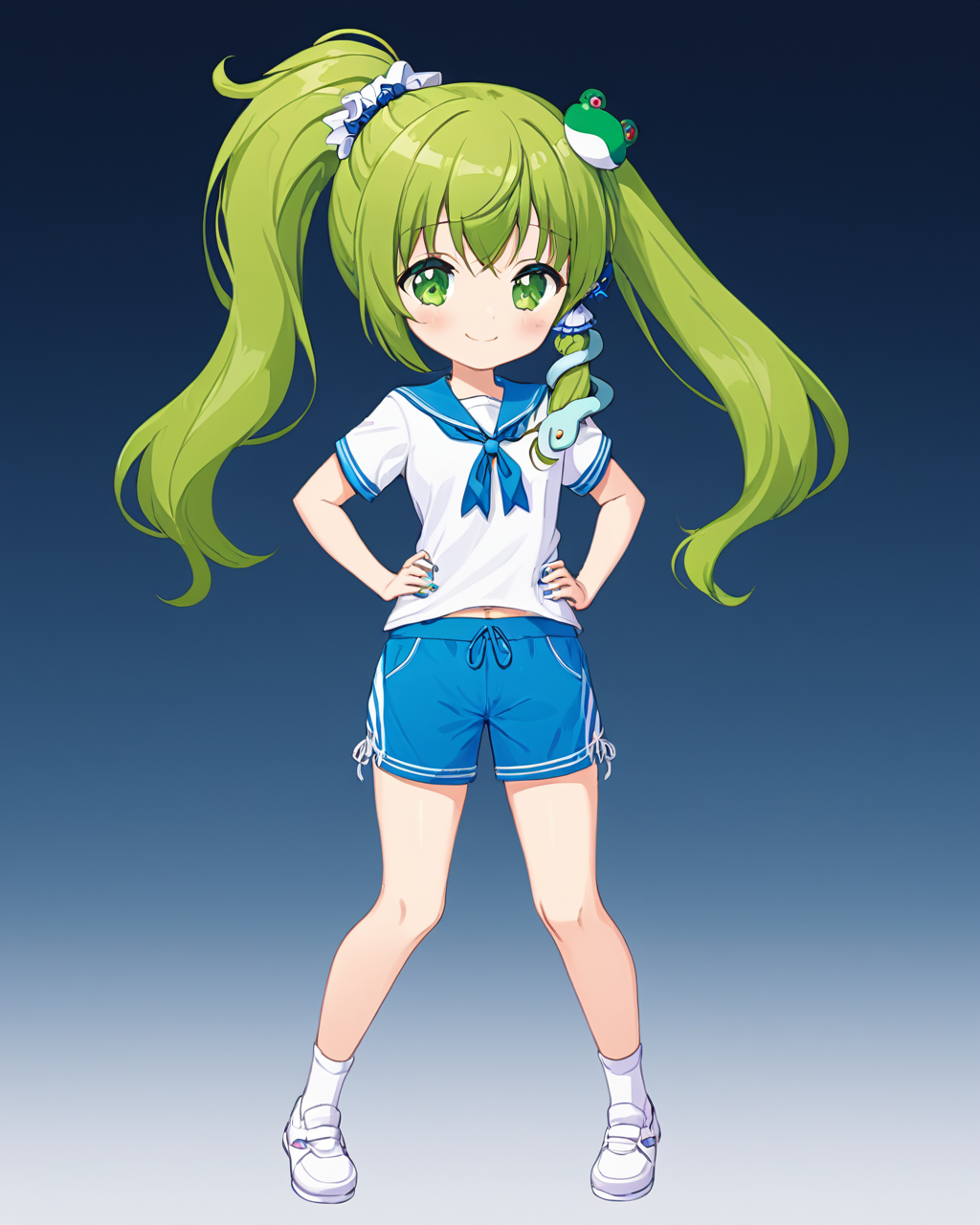 kochiya sanae,1girl, solo, shorts, alternate_hairstyle, frog_hair_ornament, ponytail, smile, full_body, alternate_costume, shoes, looking_at_viewer, socks, v, tied_shirt, white_shirt, hair_scrunchie, nail_polish, t-shirt, white_footwear, snake_hair_ornament, heart, hand_on_hip, star_\(symbol\)
<lora:kochiya_sanae_image8584_2023-12-17:1>,star-shaped_pupils,symbol-shaped_pupils,. gorgeous,key visual, vibrant, studio anime,award-winning, professional, highly detailed,high budget, cinemascope
