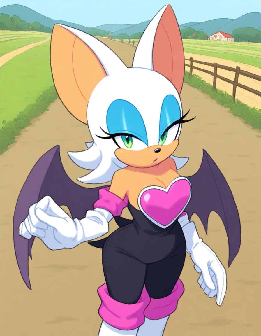 , <lora:rouge-the-bat-illustriousxl-lora-nochekaiser:1>, rouge, animal ears, bat ears, bat girl, bat tail, bat wings, eyeliner, furry, furry female, green eyes, makeup, tail, white hair, wings, eyeshadow,, bare shoulders, boots, elbow gloves, gloves, heart, knee boots, white footwear, white gloves,, bike ride, countryside, dirt road, trees, afternoon sun, peaceful, alone, , from above,, looking at viewer, solo,, dutch angle, cowboy shot