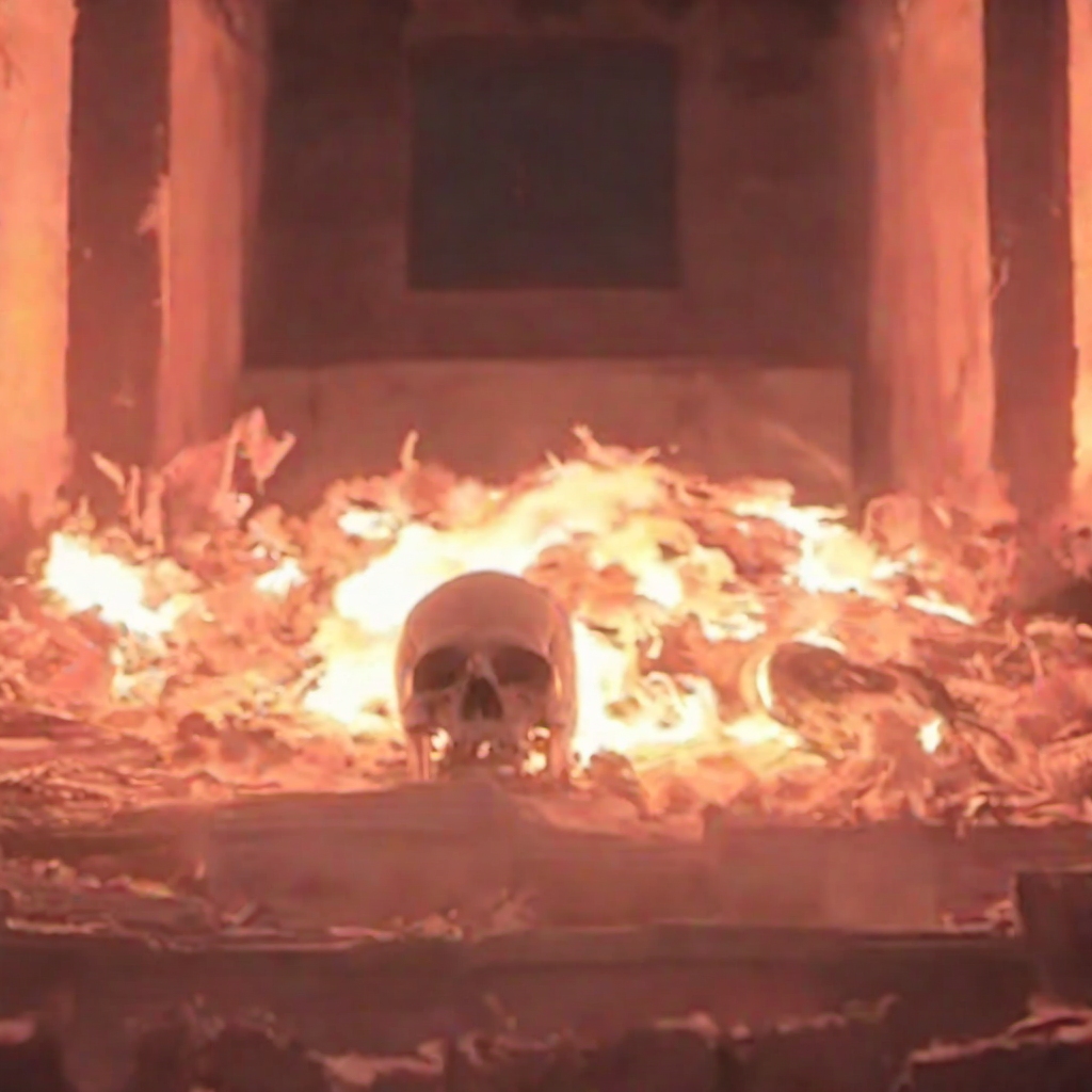 cinematic film, upright  glowing skull  inside crematorium <lora:crematorium-000018:1>,