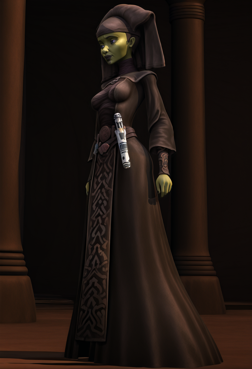 <lora:Luminara_Unduli:1> luminara_unduli, mirialan, green_skin, face_tattoo, rauted_face_tattoo, original_appearance, dark_grey_jedi_robe, dark_grey_headdress, clone_wars_style, star_wars_background, 3d, full_body