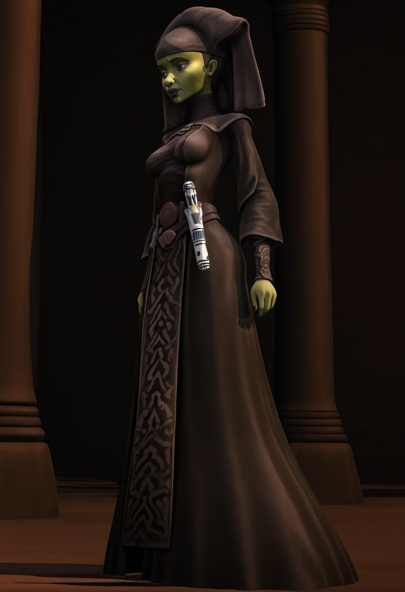 <lora:Luminara_Unduli:1> luminara_unduli, mirialan, green_skin, face_tattoo, rauted_face_tattoo, original_appearance, dark_grey_jedi_robe, dark_grey_headdress, clone_wars_style, star_wars_background, 3d, full_body
