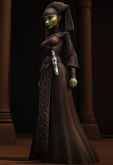 <lora:Luminara_Unduli:1> luminara_unduli, mirialan, green_skin, face_tattoo, rauted_face_tattoo, original_appearance, dark_grey_jedi_robe, dark_grey_headdress, clone_wars_style, star_wars_background, 3d, full_body