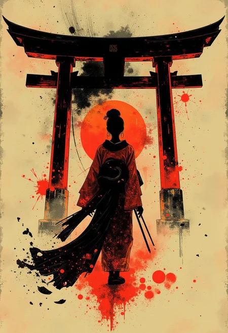 nistyle, Inkplash art on rice paper, sepia, henna , Silhouette Art, magnificent, inksplash poster art, double image, large red tori gate, together with closeup portrait of Japanese shrine maiden