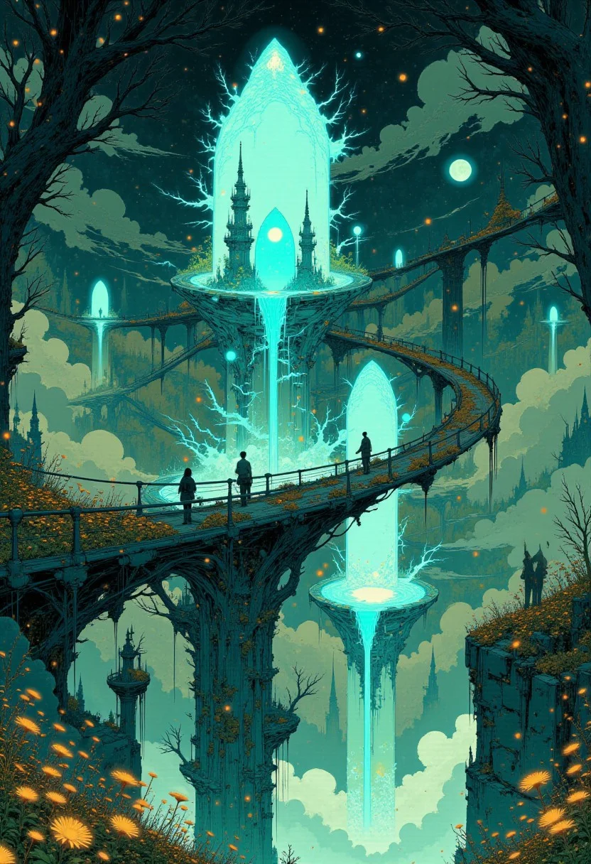 The Emerald Sky Altar
A celestial temple suspended in a perpetual twilight, where sky bridges made of woven ivy and silver-threaded wood extend between towering crystal monoliths. Hanging gardens spill over the edges, their petals drifting into the endless abyss below. The temple itself is a living structure, its walls pulsing with veins of glowing blue flora, shifting in rhythm with the stars above. Pools of liquid starlight ripple with unseen energy, reflecting the movements of celestial creatures that exist beyond mortal sight. The air carries the scent of sacred cedar, myrrh, and distant ocean winds, accompanied by the distant echo of an untranslated hymn.