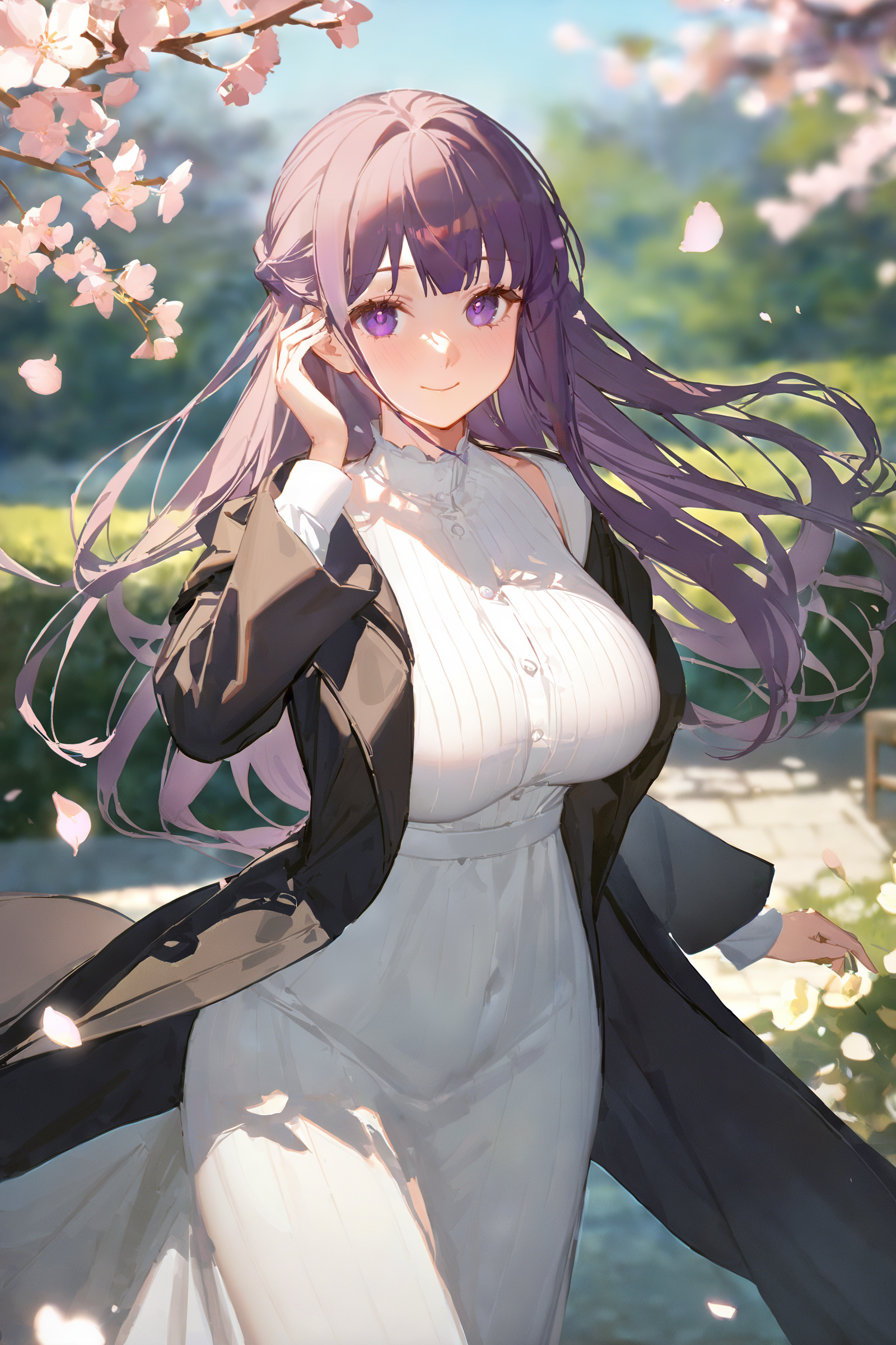 masterpiece, best quality, very aesthetic, ray tracing, newest,(hitenkei, askzy:0.5), 1girl, fern \(sousou no frieren\), solo, black coat, long white dress, cowboy shot, standing, hand in own hair, floating hair, looking at viewer, light smile, garden, blossoms, outdoors, depth of field,  milf, large breasts, mature female  <lora:quality1:0:hr=1>,  <lora:Char-Fern-XL-V1:0.9>