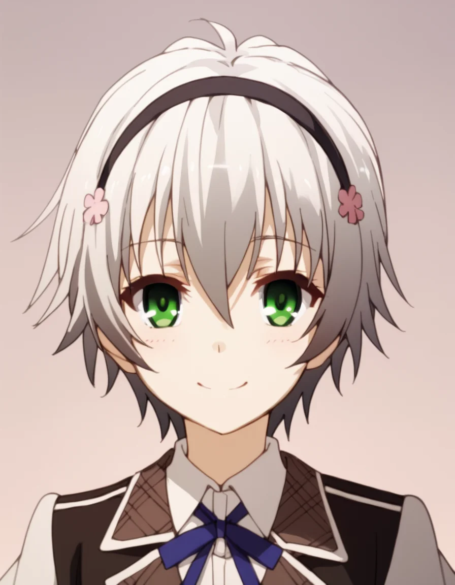 score_9, score_8_up, score_7_up, score_6_up, score_5_up, score_4_up, source_anime, Shizuku, short hair, green eyes, grey hair, hairband, , portrait, soft smile, uniform
