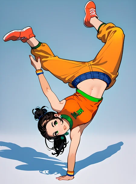 score_9, score_8_up, score_7_up, vibrant color, <lora:classcompxl:1>, classcompxl <lora:bdancepxl:1>, bdancepxl, 1 girl, doing a handstand, onehanded stand, breakdance pose, holding leg,  pov