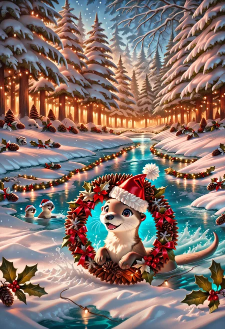 Animal Christmas, masterpiece, best quality, Otter, red ornament, floating on water, holly leaves, snow-covered stream, forest backdrop, soft glow, twinkling lights, pinecones, Christmas wreath, playful vibe, tiny Santa hat, shimmering water, winter forest, cozy ambiance