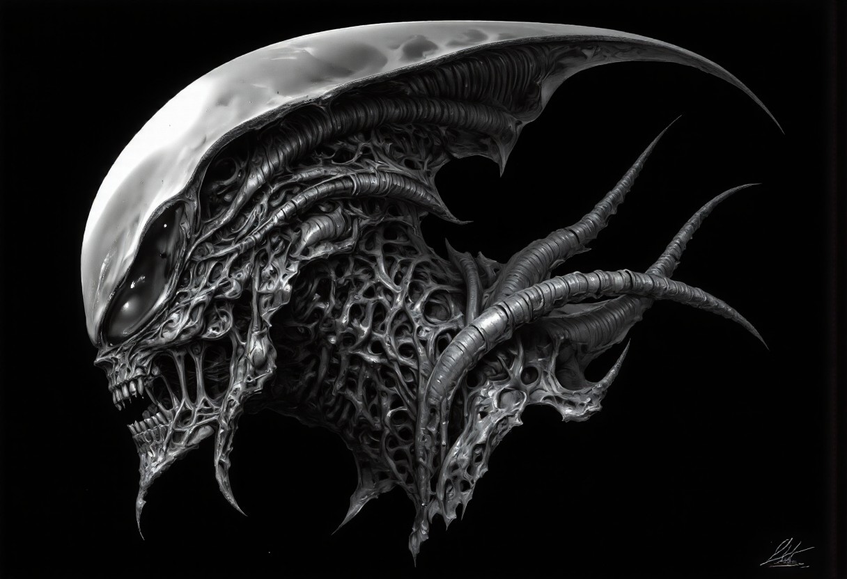 The image features an abstract representation of a skull intertwined with mechanical elements, showcasing a fusion of organic and mechanical forms. The skull has a ghostly, x-ray-like appearance, encased in a transparent, bubble-like structure that emphasizes its intricate details. The contrast between darker and lighter areas creates depth and movement, evoking themes of technology and humanity. The piece, signed “Clear Note” in a subtle script at the bottom right, seamlessly blends anatomical and industrial designs.
To incorporate a Xenomorph element into the image, consider adding elongated, biomechanical features characteristic of the creature, such as:
1. **Head Shape**: Alter the skull to feature a more elongated, sleek profile resembling the Xenomorph's distinct head shape.
2. **Texture**: Introduce a glossy, chitinous texture reminiscent of the Xenomorph's exoskeleton on parts of the skull and spine.
3. **Tail**: Add a segmented tail extending from the base of the skull, curling around the mechanical components.
4. **Eyes**: Replace traditional eye sockets with smooth, reflective surfaces to mimic the alien's dark gaze.
5. **Biomechanical Integration**: Blend alien-like limbs or appendages that appear to merge with the existing skeletal and mechanical structures.
This composition would maintain the abstract style while enhancing the eerie, alien atmosphere central to the Xenomorph design.