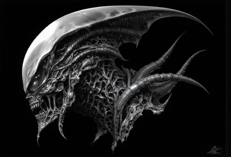 The image features an abstract representation of a skull intertwined with mechanical elements, showcasing a fusion of organic and mechanical forms. The skull has a ghostly, x-ray-like appearance, encased in a transparent, bubble-like structure that emphasizes its intricate details. The contrast between darker and lighter areas creates depth and movement, evoking themes of technology and humanity. The piece, signed “Clear Note” in a subtle script at the bottom right, seamlessly blends anatomical and industrial designs.
To incorporate a Xenomorph element into the image, consider adding elongated, biomechanical features characteristic of the creature, such as:
1. **Head Shape**: Alter the skull to feature a more elongated, sleek profile resembling the Xenomorph's distinct head shape.
2. **Texture**: Introduce a glossy, chitinous texture reminiscent of the Xenomorph's exoskeleton on parts of the skull and spine.
3. **Tail**: Add a segmented tail extending from the base of the skull, curling around the mechanical components.
4. **Eyes**: Replace traditional eye sockets with smooth, reflective surfaces to mimic the alien's dark gaze.
5. **Biomechanical Integration**: Blend alien-like limbs or appendages that appear to merge with the existing skeletal and mechanical structures.
This composition would maintain the abstract style while enhancing the eerie, alien atmosphere central to the Xenomorph design.