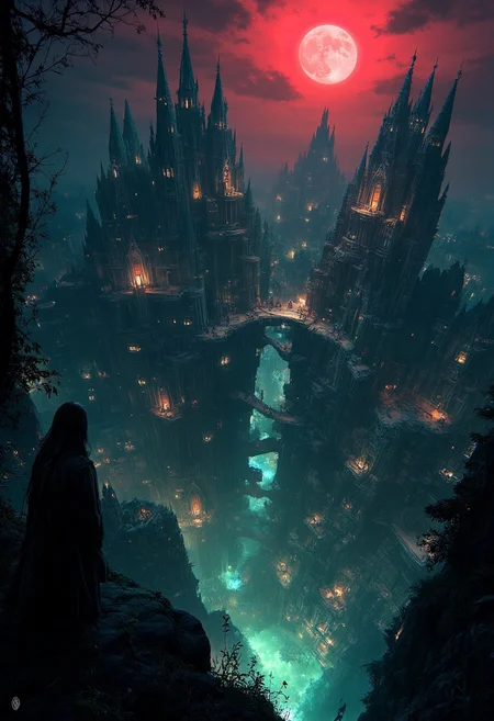 midjourneyv6.1, scenery style,  A haunting, moonlit vista reveals a sprawling, impossible city, suspended between a blood-red sky and a churning void below. Towering cathedrals, inspired by the gothic nightmares of Zdzisław Beksiński, defy gravity, their spires twisting into impossible helixes reminiscent of M.C. Escher’s most intricate works. These structures pulse with an inner, bioluminescent glow, illuminating the labyrinthine streets below where robed figures, their faces obscured by grotesque masks, flee from unseen horrors. Interwoven with the architecture are pulsating organs, chitinous extrusions, and skeletal frameworks, all rendered with the disturbingly organic detail of H.R. Giger. Digital art, dark fantasy, biomechanical, surrealism, 8K resolution, hyperdetailed, Lovecraftian, terrifying yet beautiful. A chilling palette of deep blues, sickly greens, and visceral reds, punctuated by the eerie, pulsating glow emanating from the city itself. Utilize a dramatic chiaroscuro, emphasizing the grotesque beauty of the architecture and the vulnerability of the fleeing figures, while allowing the depths of the city and the chasm below to fade into impenetrable shadow. Focus on the city's overwhelming sense of dread and its impossible, nightmarish scale. The viewer should question the nature of reality itself when confronted with this vision, sensing a lurking, ancient evil within its depths
