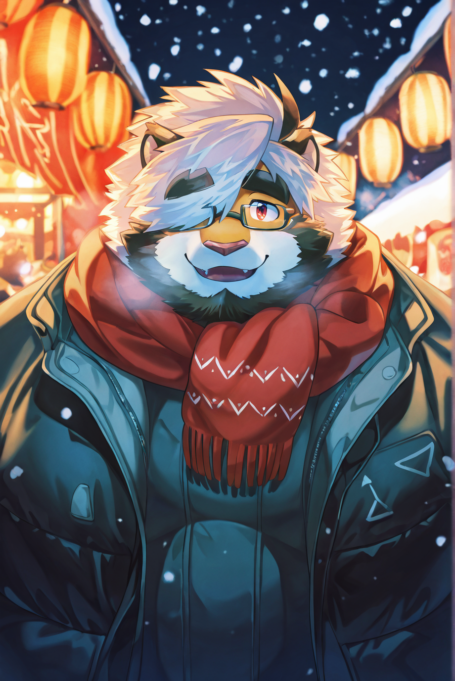safe_pos, furry male, male focus, solo, thick eyebrows, furry, tiger, cute, upper body, looking at viewer, glistening eyes, heavy breathing, cold weather, standing, anthro, kemono, night market, thick eyebrows, facial hair, scarf, glasses, hair over one eye, night, dim light, outdoor, snow on the ground, multiple layers of clothes, jacket BREAK very aesthetic, masterpiece, very impressive background, best quality, high quality, absurd res, high detail, smooth drawing,  <lora:Character_Trad_Mon-Mon_ILXL:1>