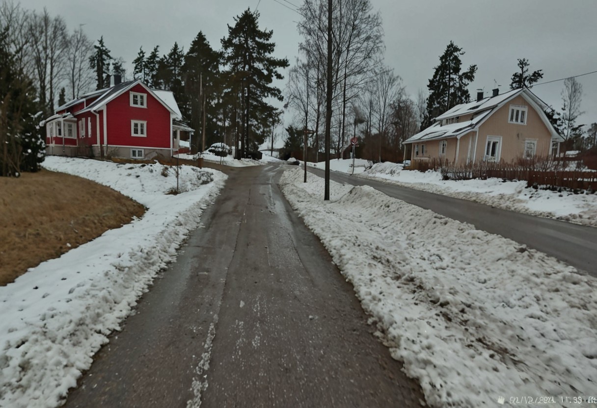 shit_cm_shot, photograph, winter scene, overcast sky, rural road, two houses, left house beige with white trim, right house red with white trim, snow patches on ground, trees without leaves, power lines, road wet, leading lines, low angle, natural lighting,