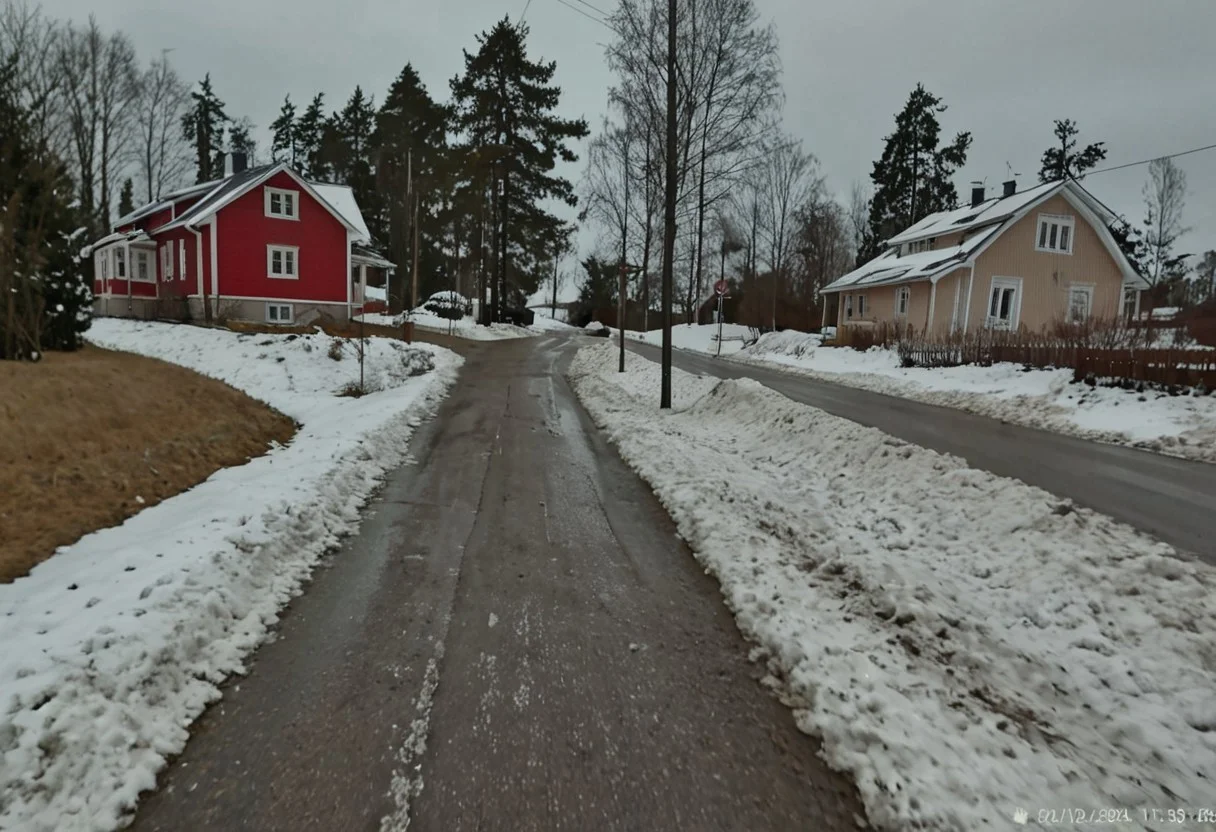 shit_cm_shot, photograph, winter scene, overcast sky, rural road, two houses, left house beige with white trim, right house red with white trim, snow patches on ground, trees without leaves, power lines, road wet, leading lines, low angle, natural lighting,