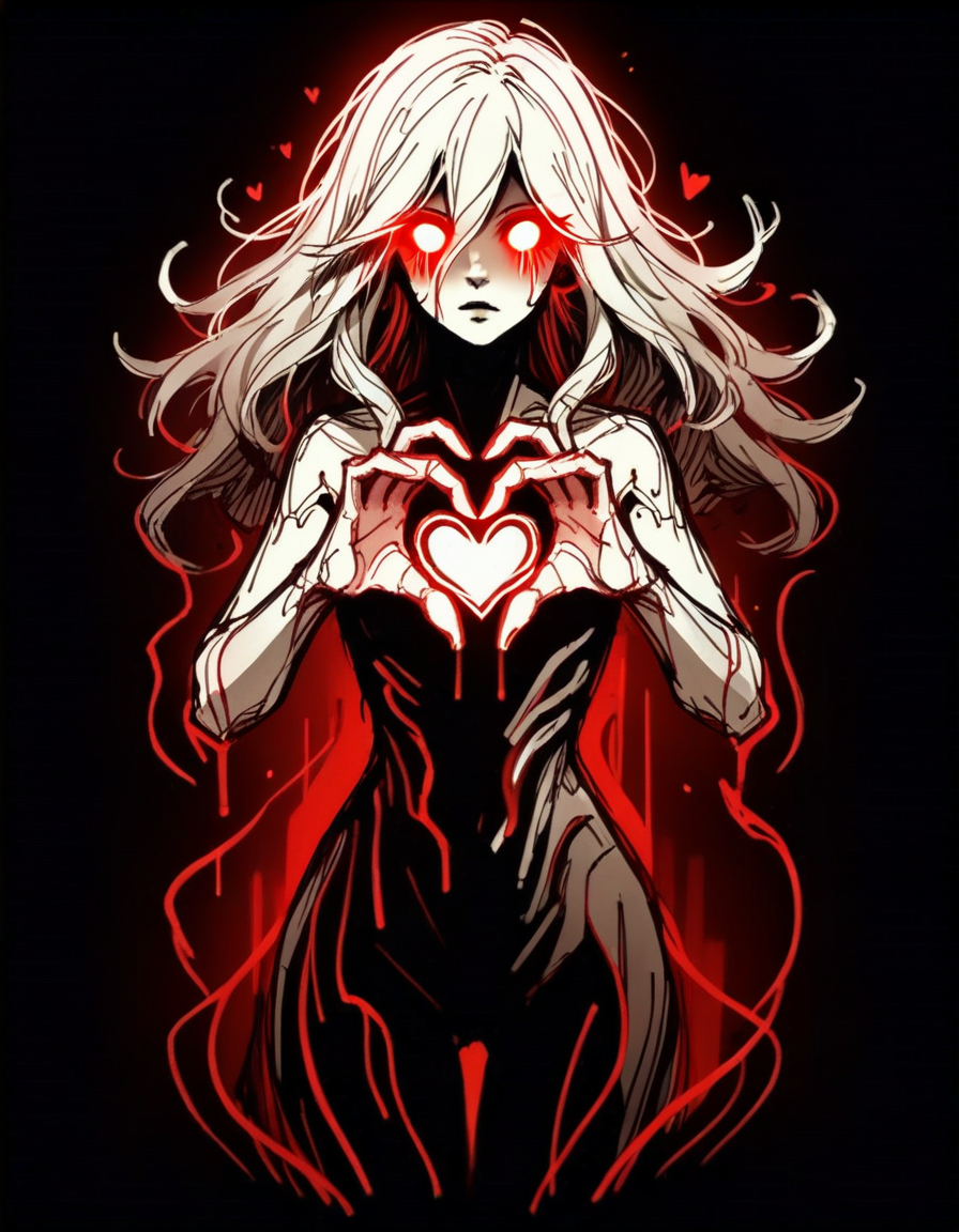 score_9, score_8_up, score_7_up,   <lora:Navi_WrathStrokes_PonyXL_S1:1> , red sketch, black background, black theme, monochrome,
1girl,  transparent ((ghost girl)) ,(spectral_body:1.1),monster girl,(x-ray:0.8),glowing body, transparent_body, colored skin, gradient skin, dissolving body, ethereal_hair , white glow,no pupils, glowing white eyes, aura, white theme, poltergeist, , solo, standing , heart hand duo, cowboy shot, looking at viewer,  dutch angle,