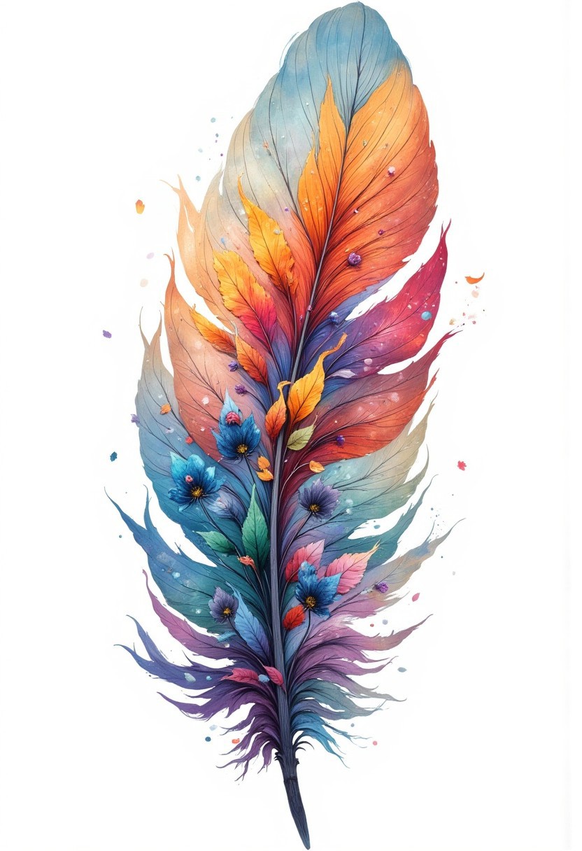 Dawn autumn 3D landscape body art on a large feather,pen structure+delicate pastel colors, white background